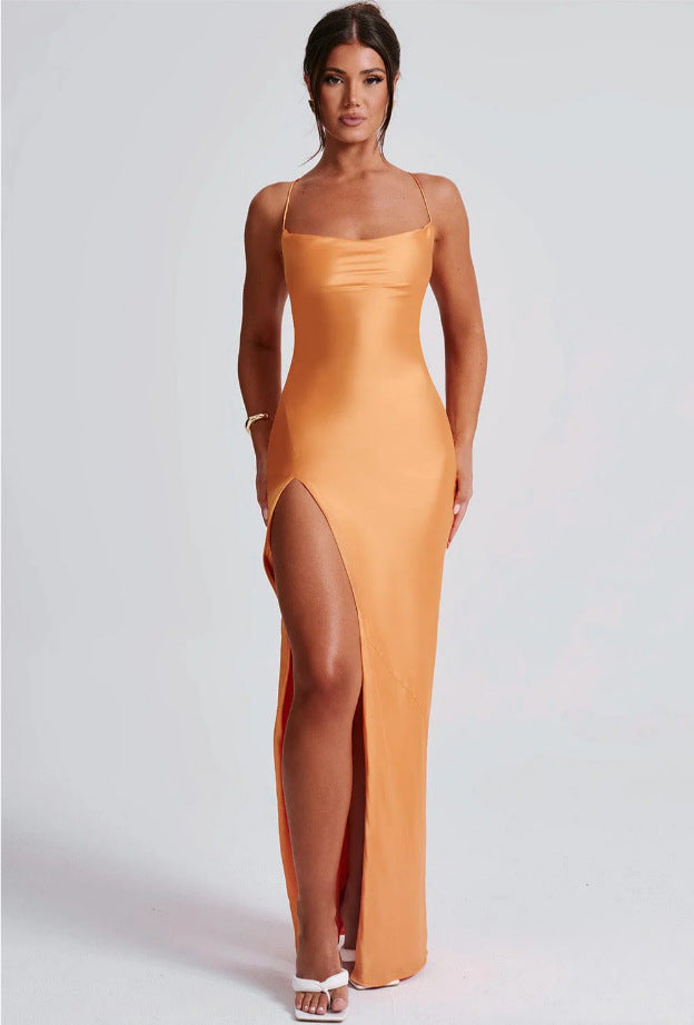 Damen Elegantes Maxikleid mit schmalen Spaghettiträgern und seitlichem Schlitz Krohn-e