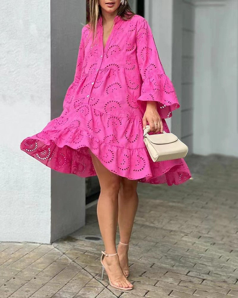 KROHN-E Damen Mini-Kleid Gestuft Stickerei Ballonärmel