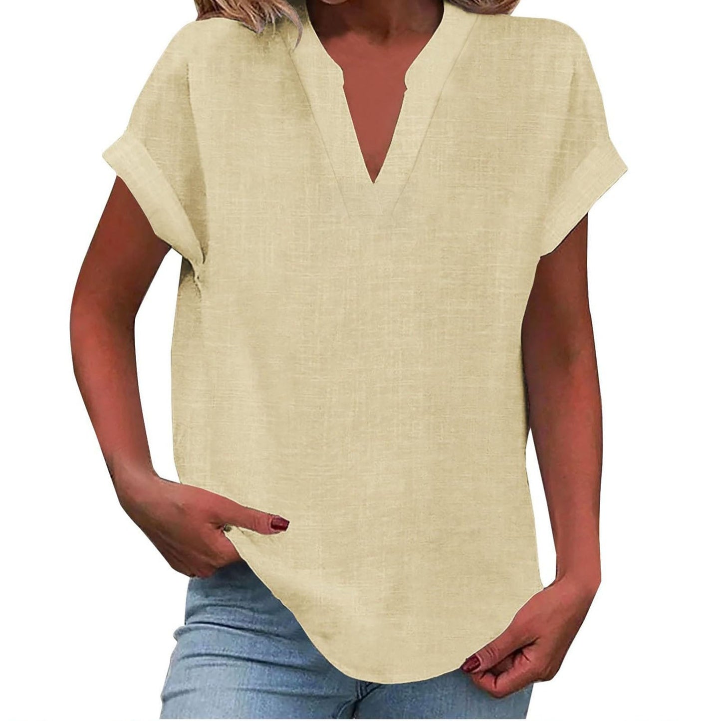 KROHN-E Damen V-Ausschnitt Bluse Relaxed Fit Leichter Stoff Weiß