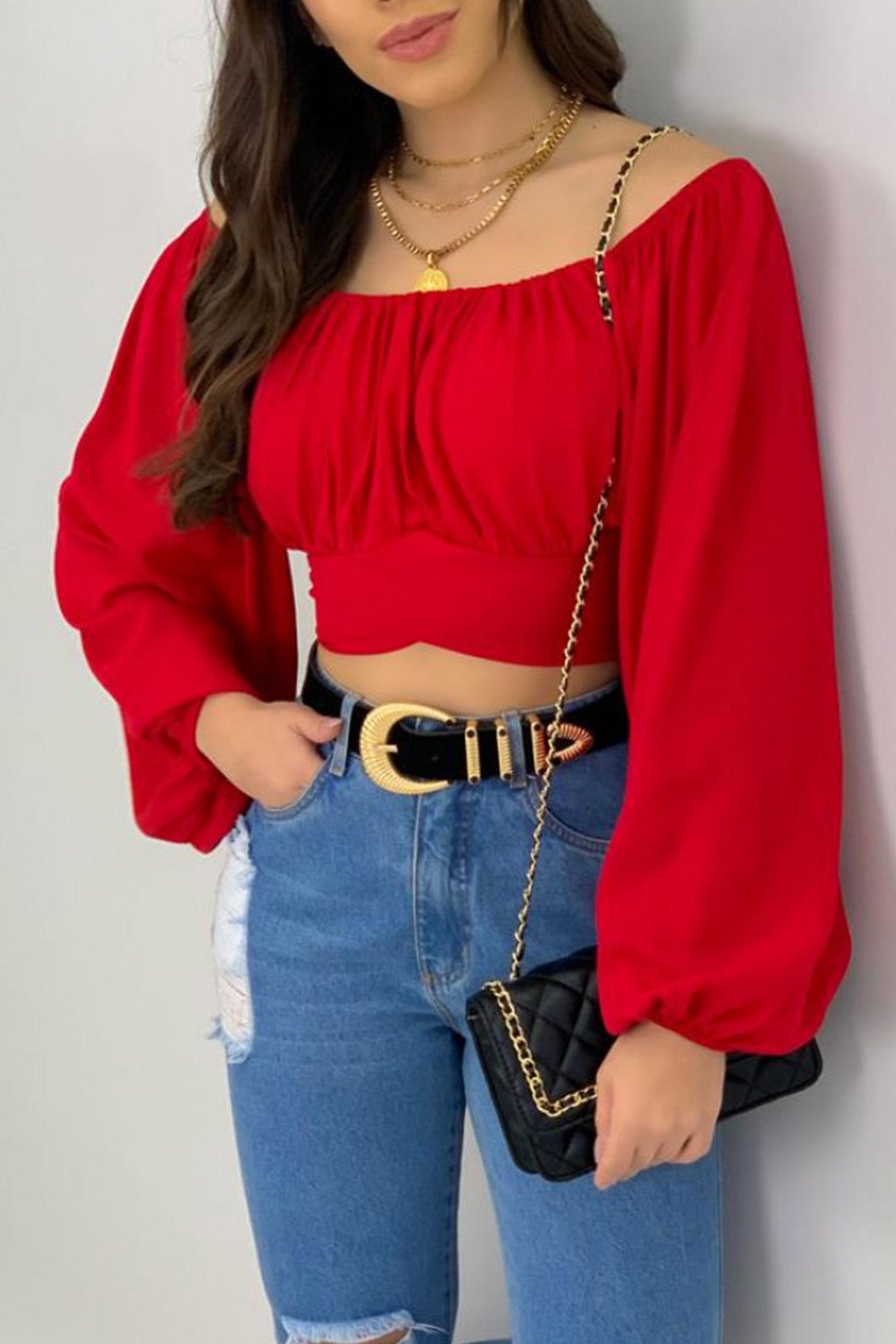 Fudus Cropped Top with Puff Sleeves