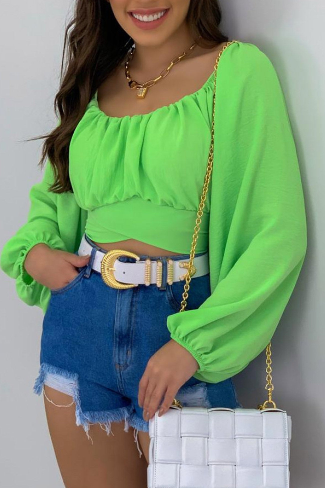 Fudus Cropped Top with Puff Sleeves