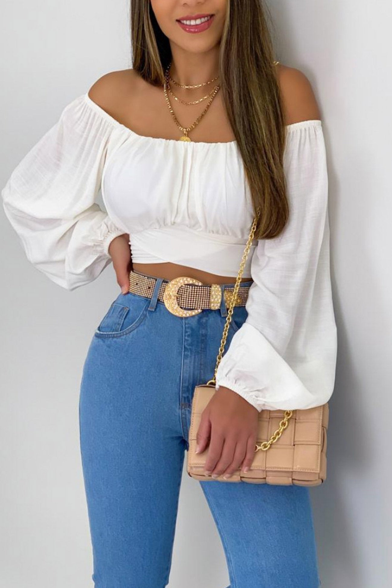 Fudus Cropped Top with Puff Sleeves