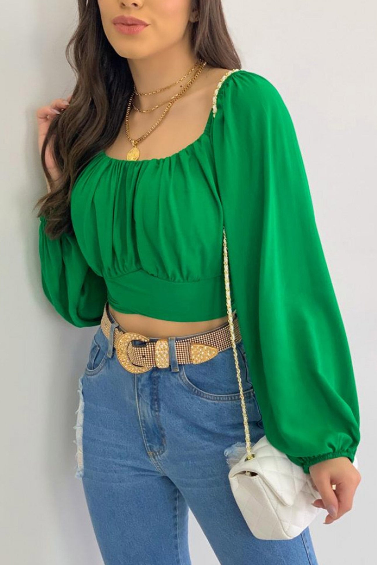 Fudus Cropped Top with Puff Sleeves