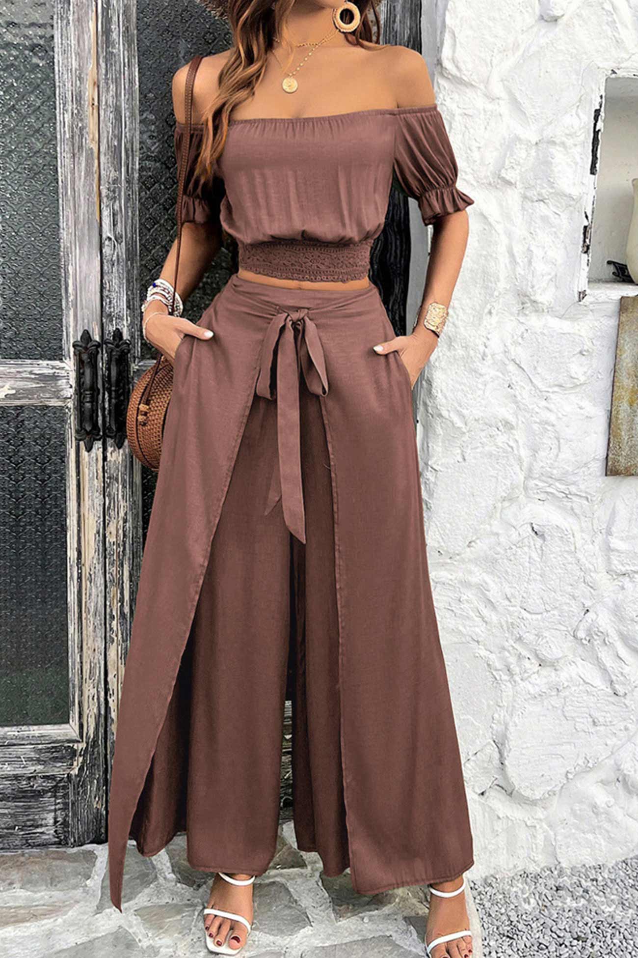 Fudus Schulter-Cropped-Top und Hose Anzug