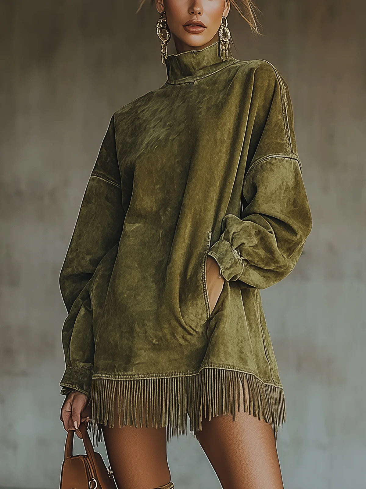 KROHN-E Damen Fransen-Kleid Kunstwildleder Braun Relaxed