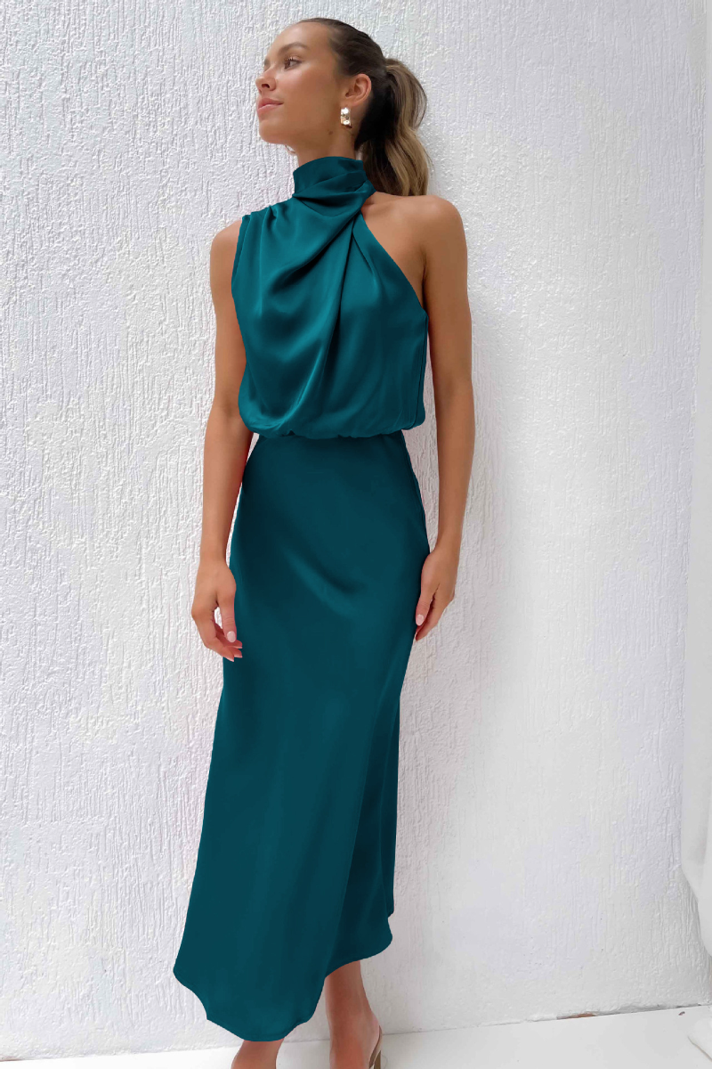 Elegantes Juliana Midikleid mit asymmetrischem Rundhalsausschnitt