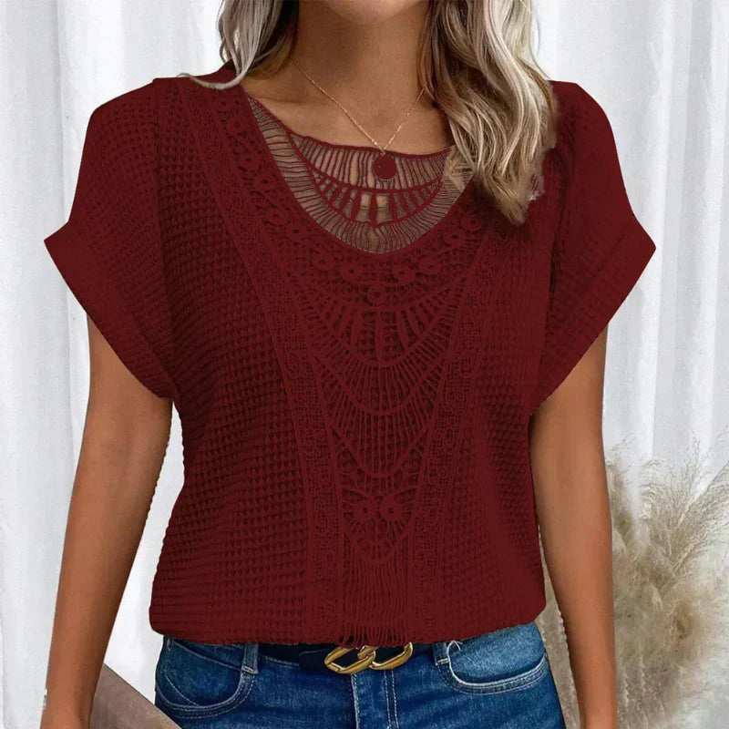 KROHN-E Damen Rundhals-Top Spitze kurzarm weich elegant