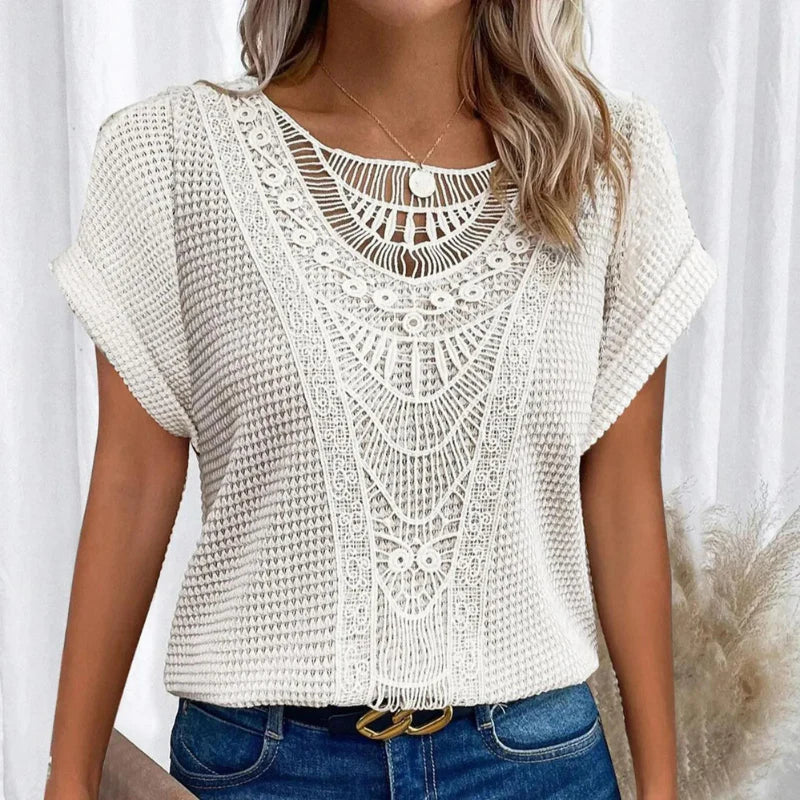 KROHN-E Damen Rundhals-Top Spitze kurzarm weich elegant