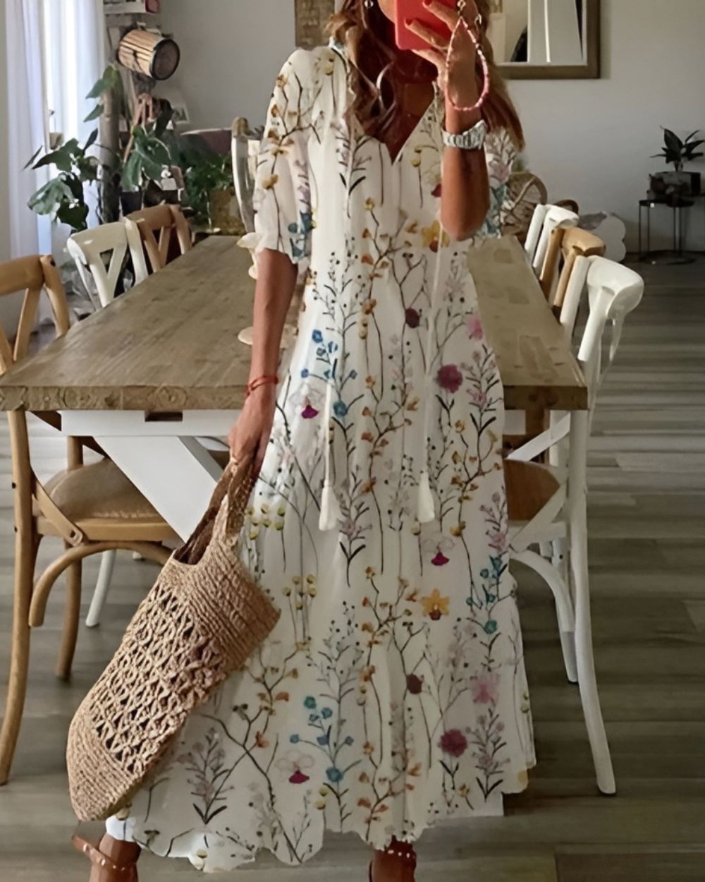 Mathilda | Damen Boho Maxi-Kleid Wiesenblumen V-Ausschnitt