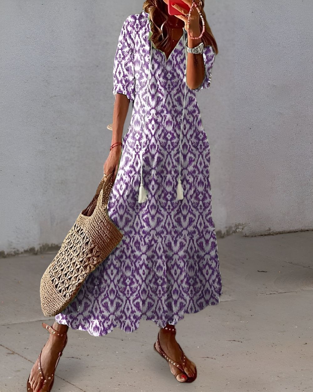 Mathilda | Damen Boho Maxi-Kleid Wiesenblumen V-Ausschnitt