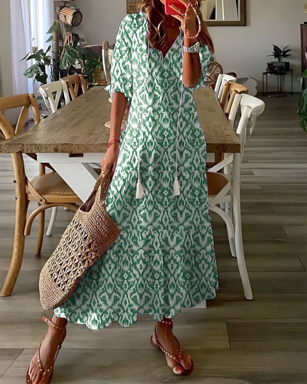 Mathilda | Damen Boho Maxi-Kleid Wiesenblumen V-Ausschnitt