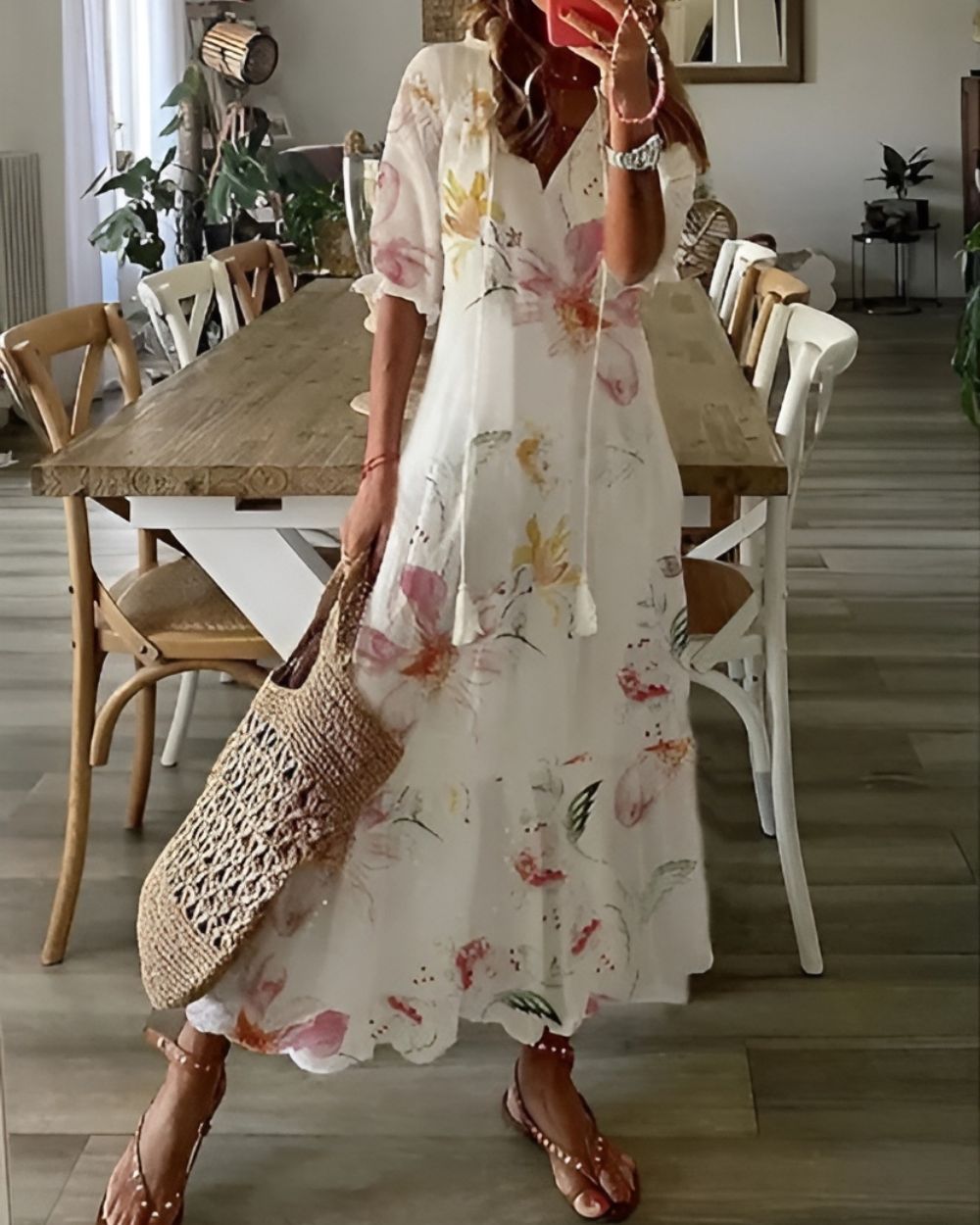 Mathilda | Damen Boho Maxi-Kleid Wiesenblumen V-Ausschnitt