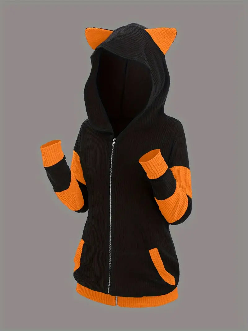 Keyviah Plus Size Zip-Up Cat Ear Hooded Jacket, Cute Color Block Long Sleeves
