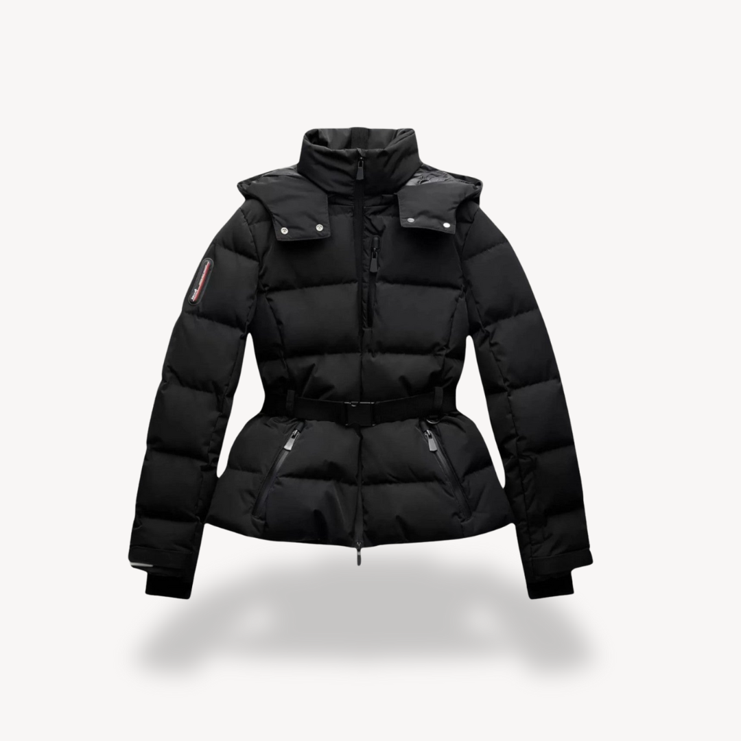 Krohn-e | Schwarze Damen Pufferjacke mit Gürtel und Hohem Kragen