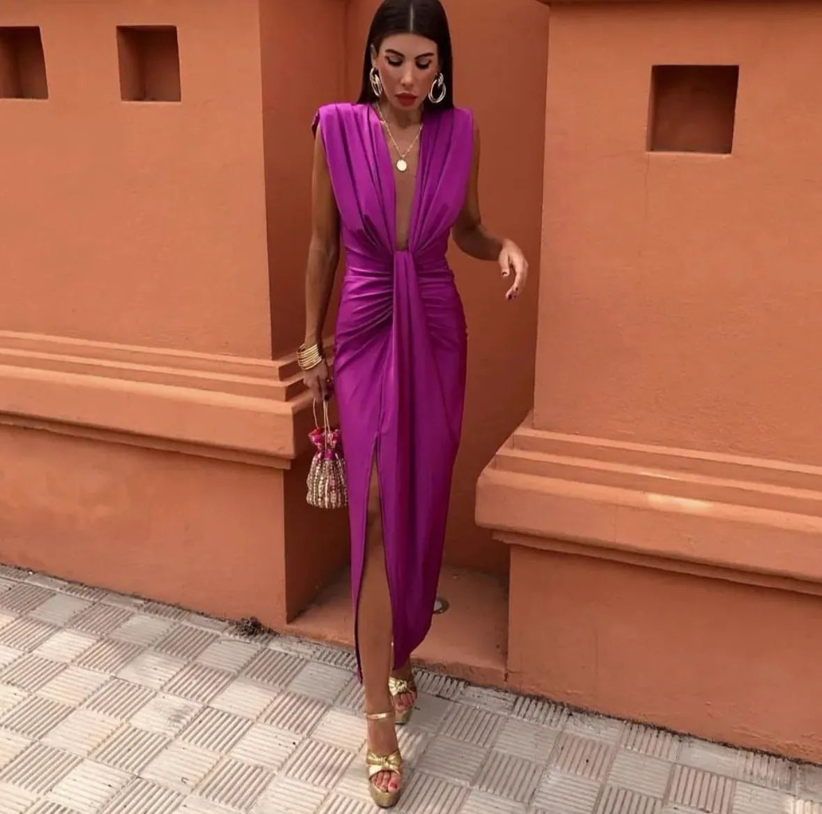 KROHN-E Damen Midi-Kleid Plissiert Fließend Elegant Weicher Stoff