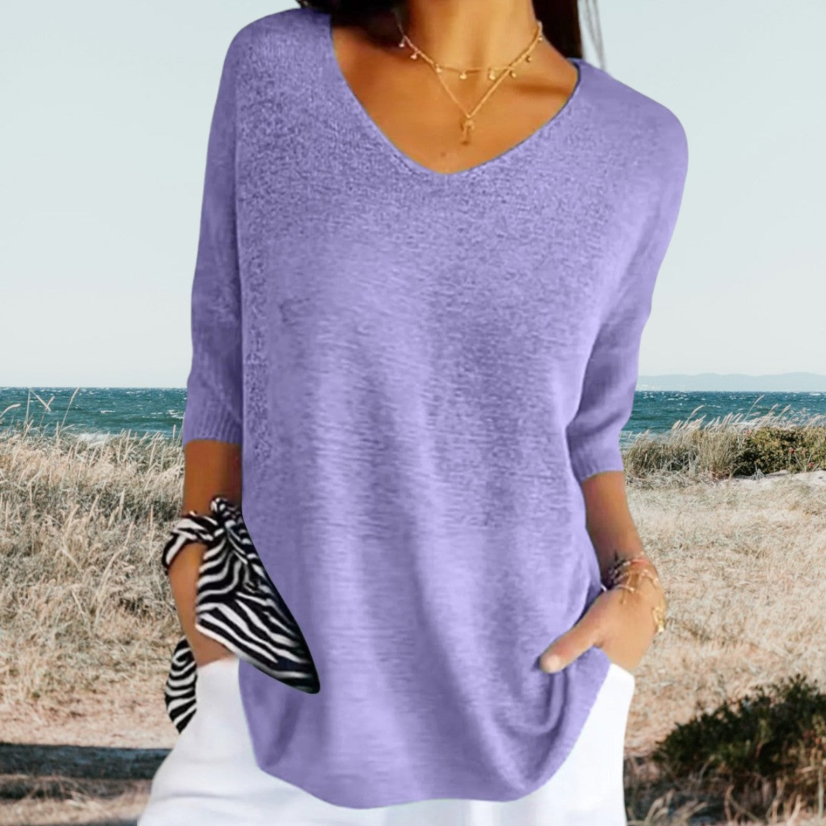 Greta | Damen pullover 3/4 Arm V-Ausschnitt Übergroß