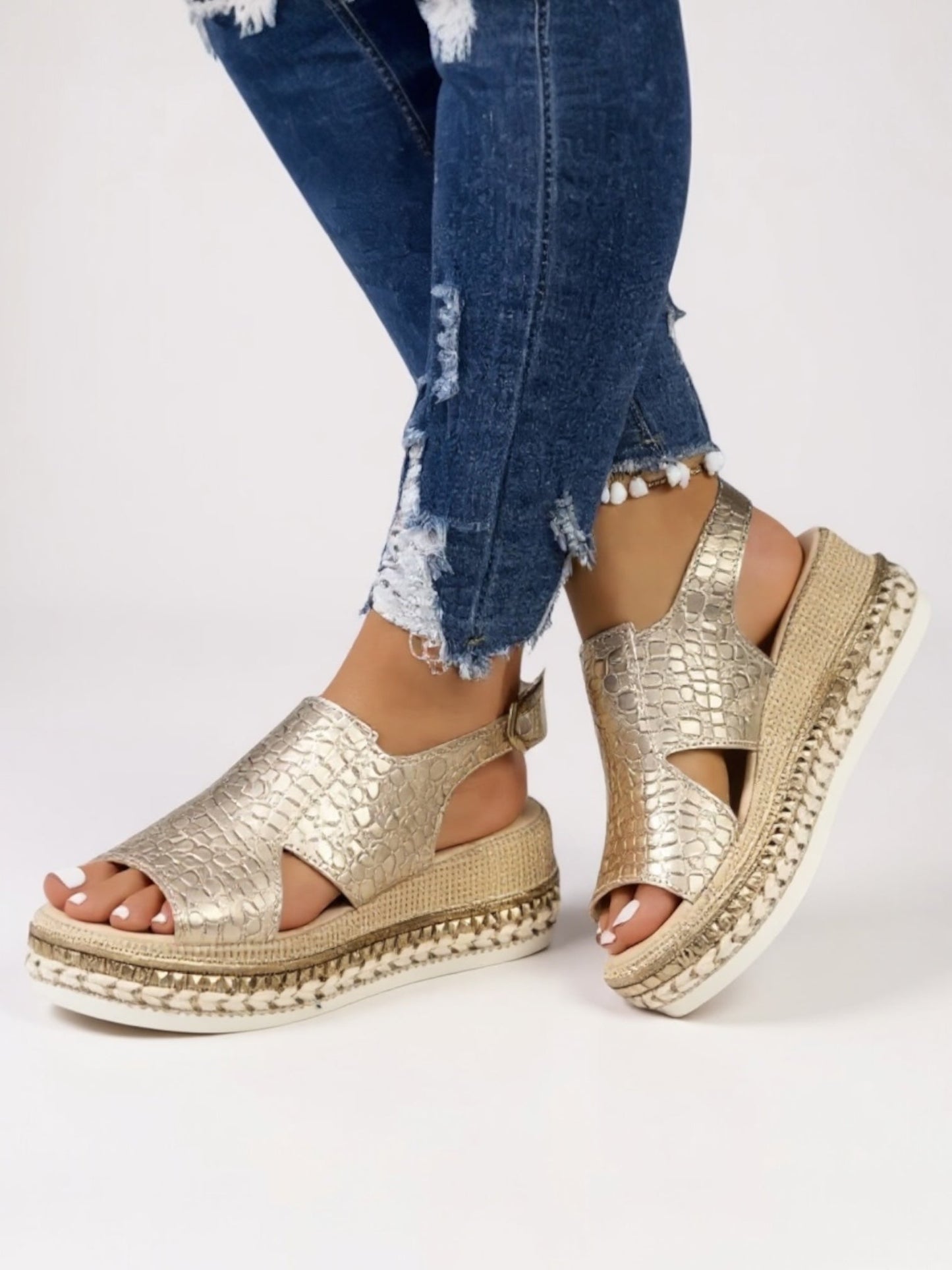 KROHN-E Damen Plateau-Sandalen Metallic Verstellbare Riemen