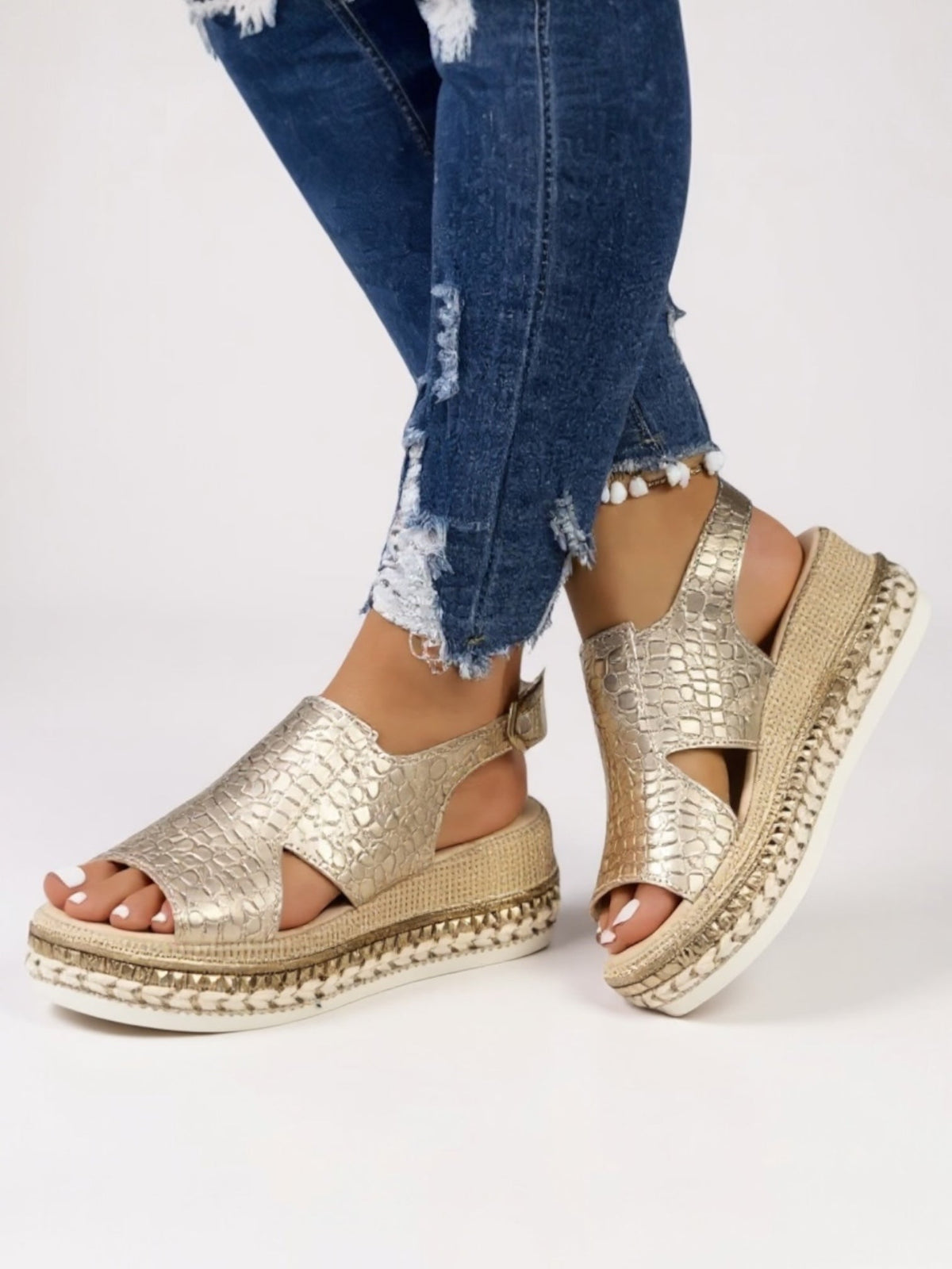 KROHN-E Damen Plateau-Sandalen Metallic Verstellbare Riemen
