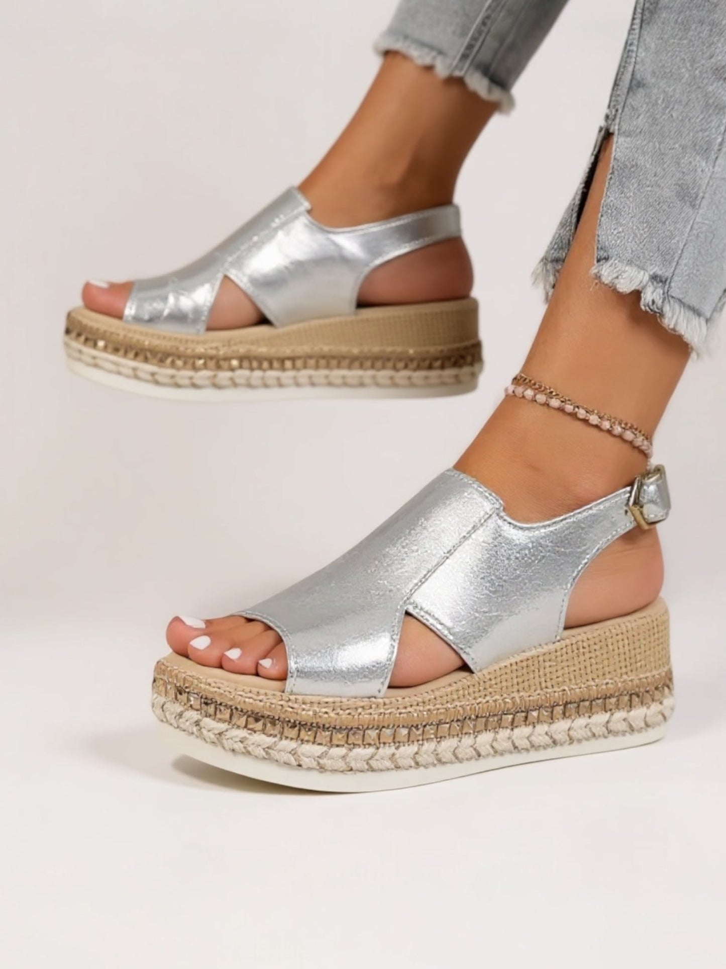KROHN-E Damen Plateau-Sandalen Metallic Gepolstert Verstellbar