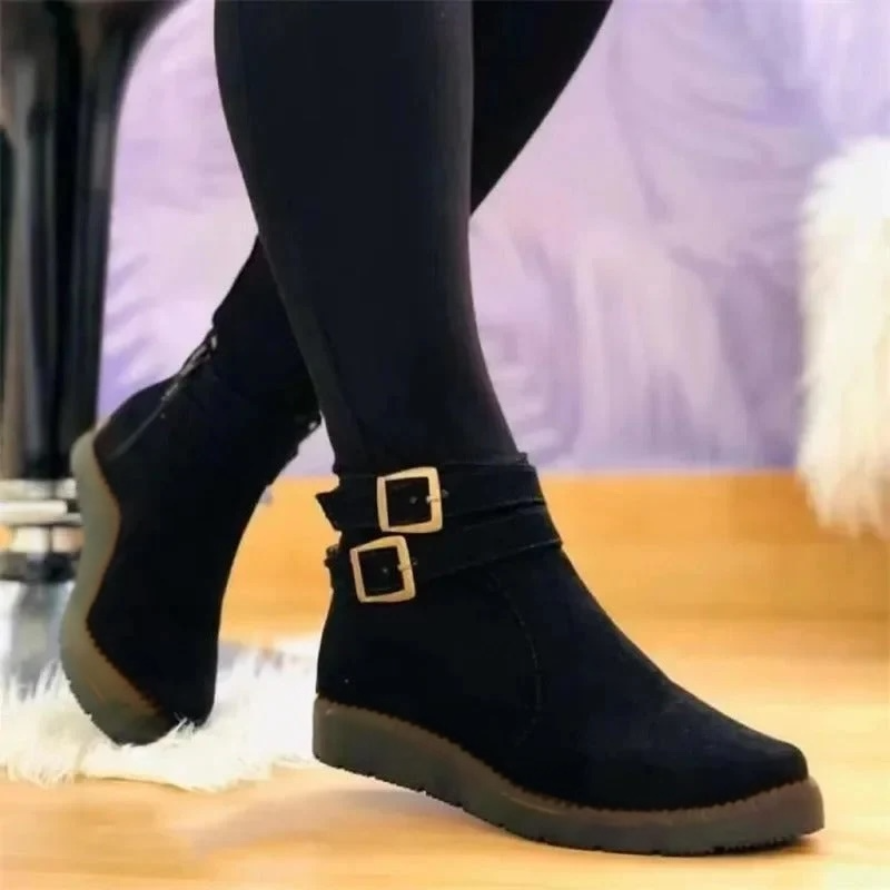 KROHN-E Damen Ankle-Boots Doppel-Schnalle Schwarz