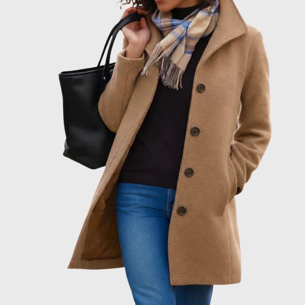 KROHN-E Damen Longline Mantel Elegant Beige Taschen