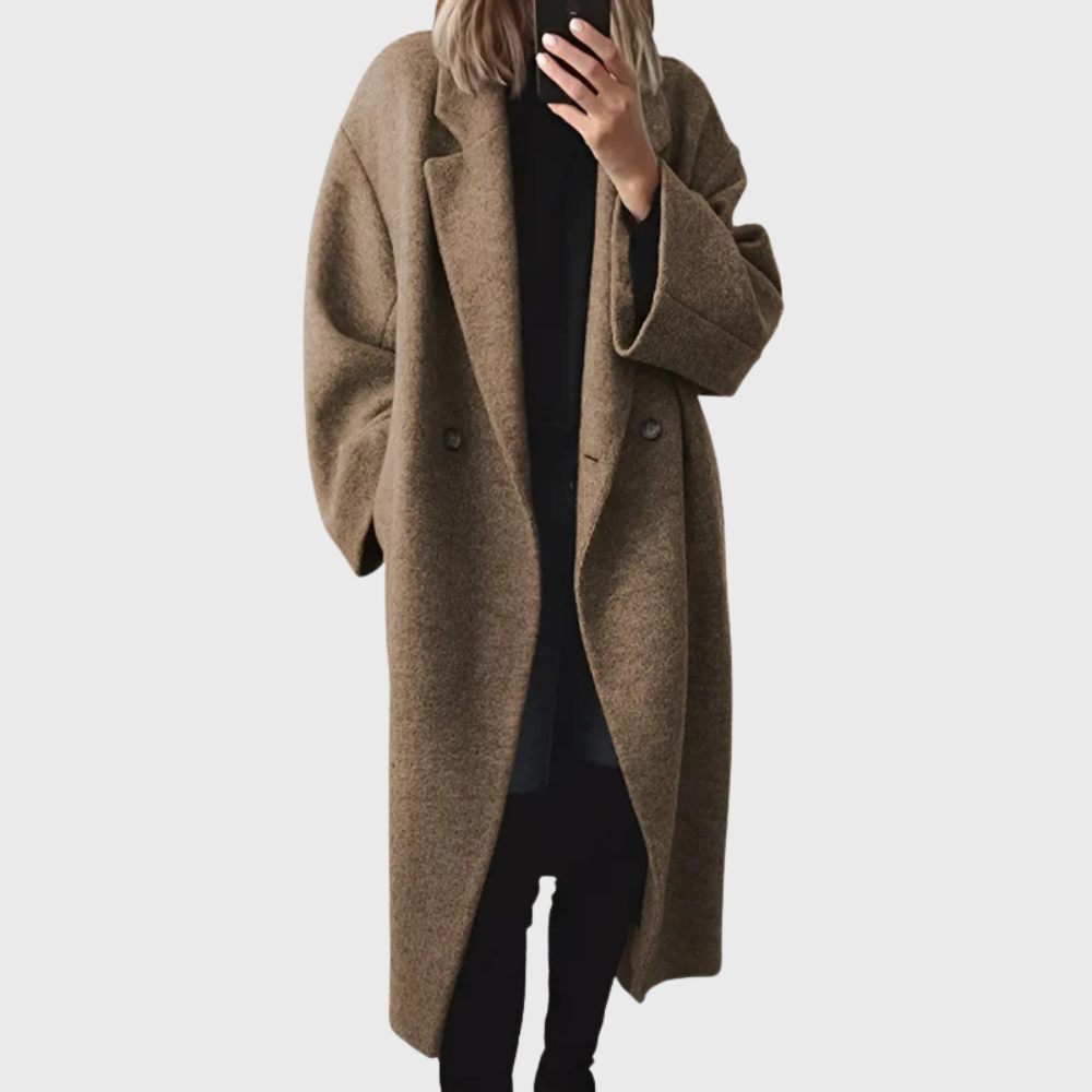 KROHN-E Damen Longline-Mantel Knopfverschluss Seitentaschen
