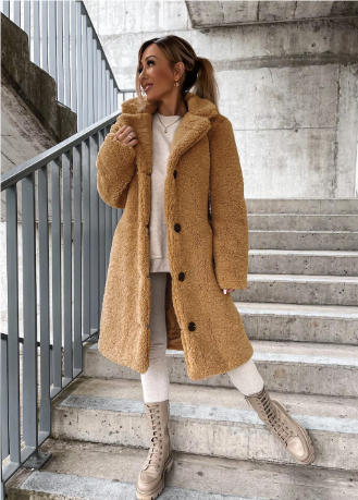 Krohn-e | Teddy Mantel - Weich Undwarm - Oversized Passform - Knopfverschluss - Reverskragen