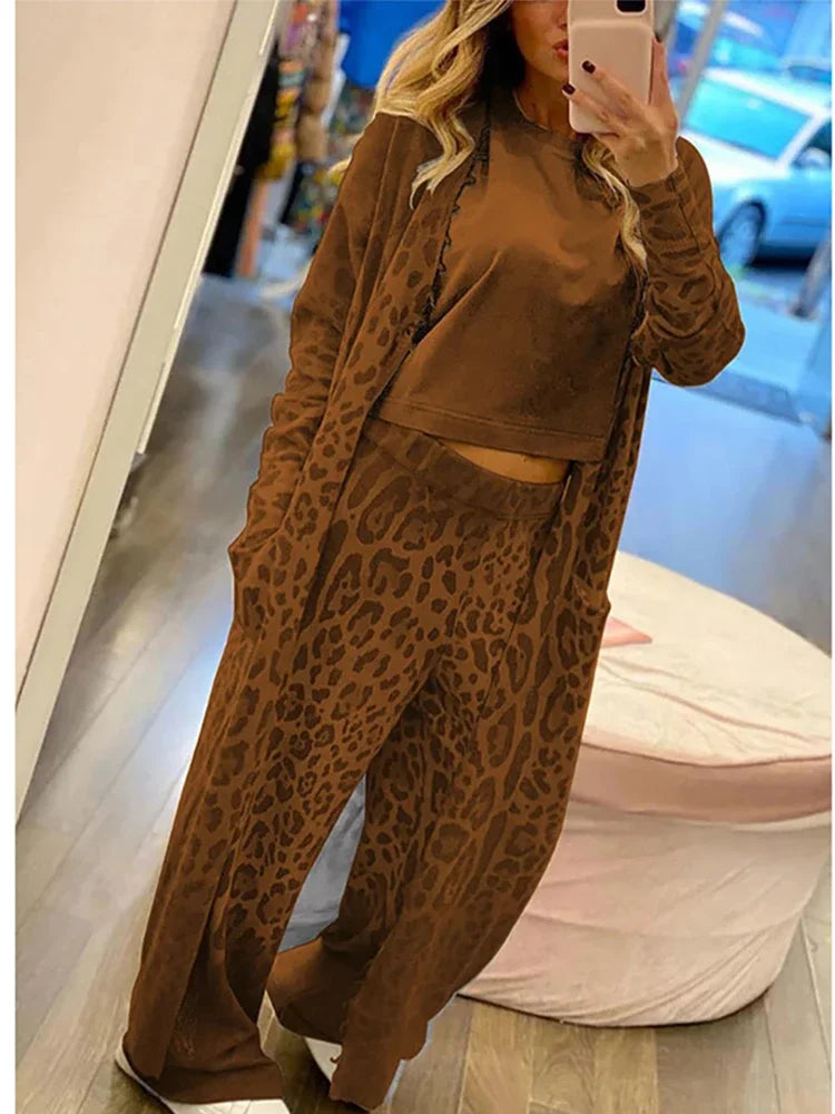 Krohn-e | Leopardenprint Cardigan, Langarm Taschen und Gummizug Hosen Satz