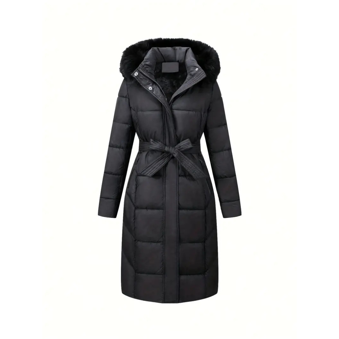 Krohn-e | Winterjacke - stilvolle schwarze Damenjacke mit einer Kunstfellkapuze
