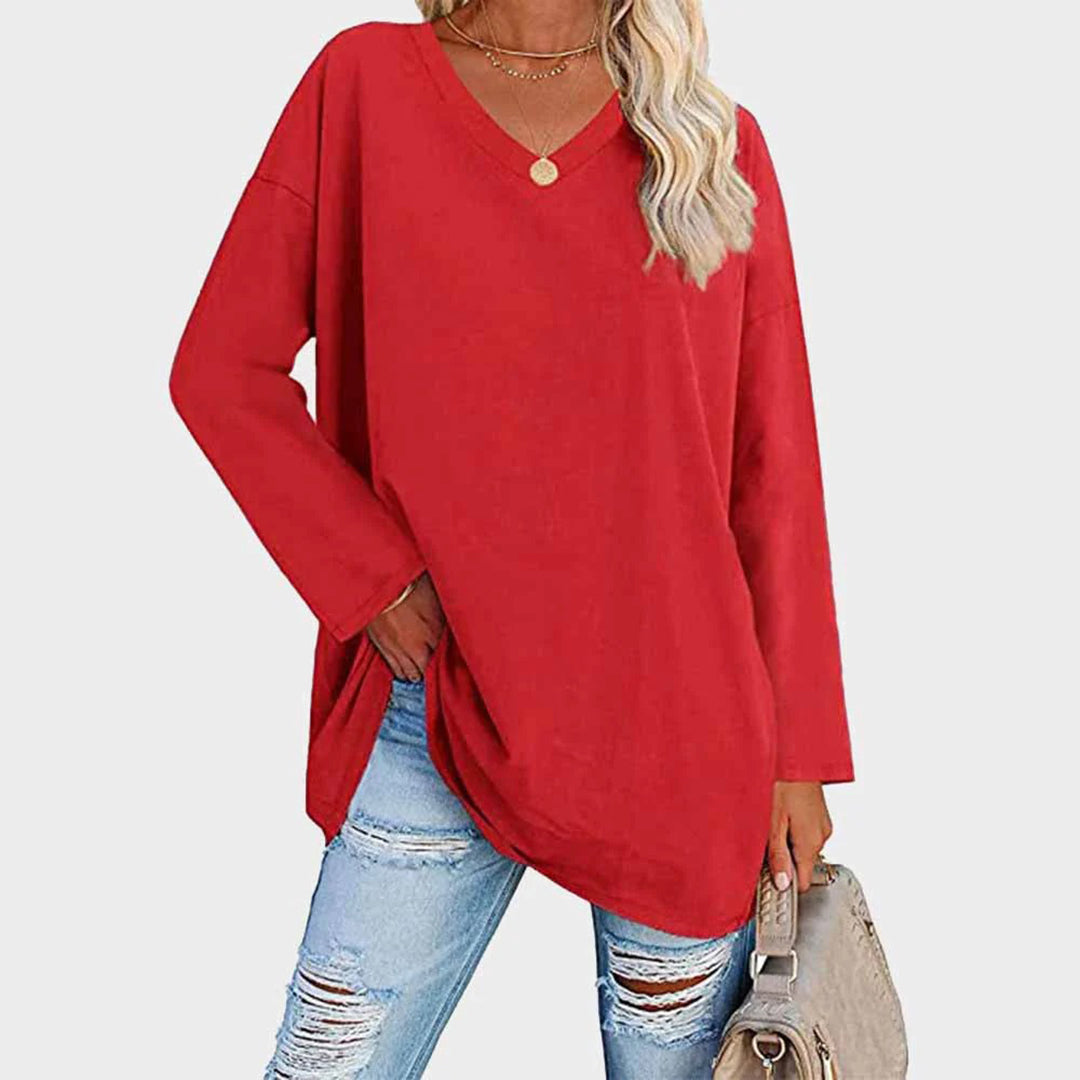Loree | Damen Longshirt V-Ausschnitt Langarm Übergroß Oberteil