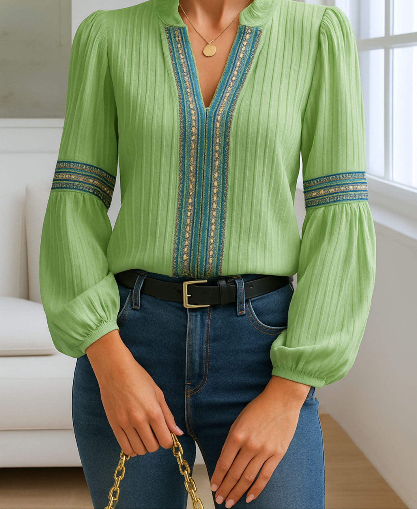 KROHN-E Damen Vintage Bluse V-Ausschnitt Stickerei Weiß Elegant