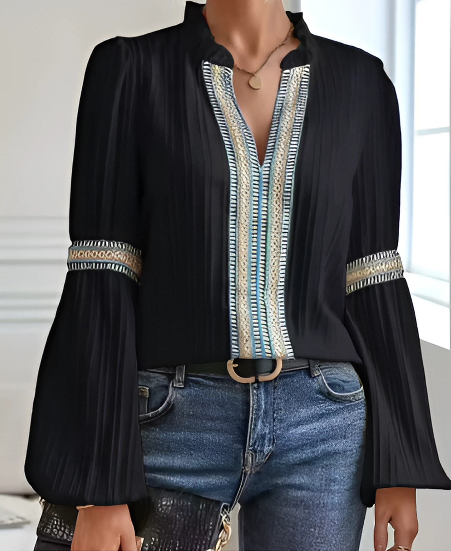 KROHN-E Damen Vintage Bluse V-Ausschnitt Stickerei Weiß Elegant