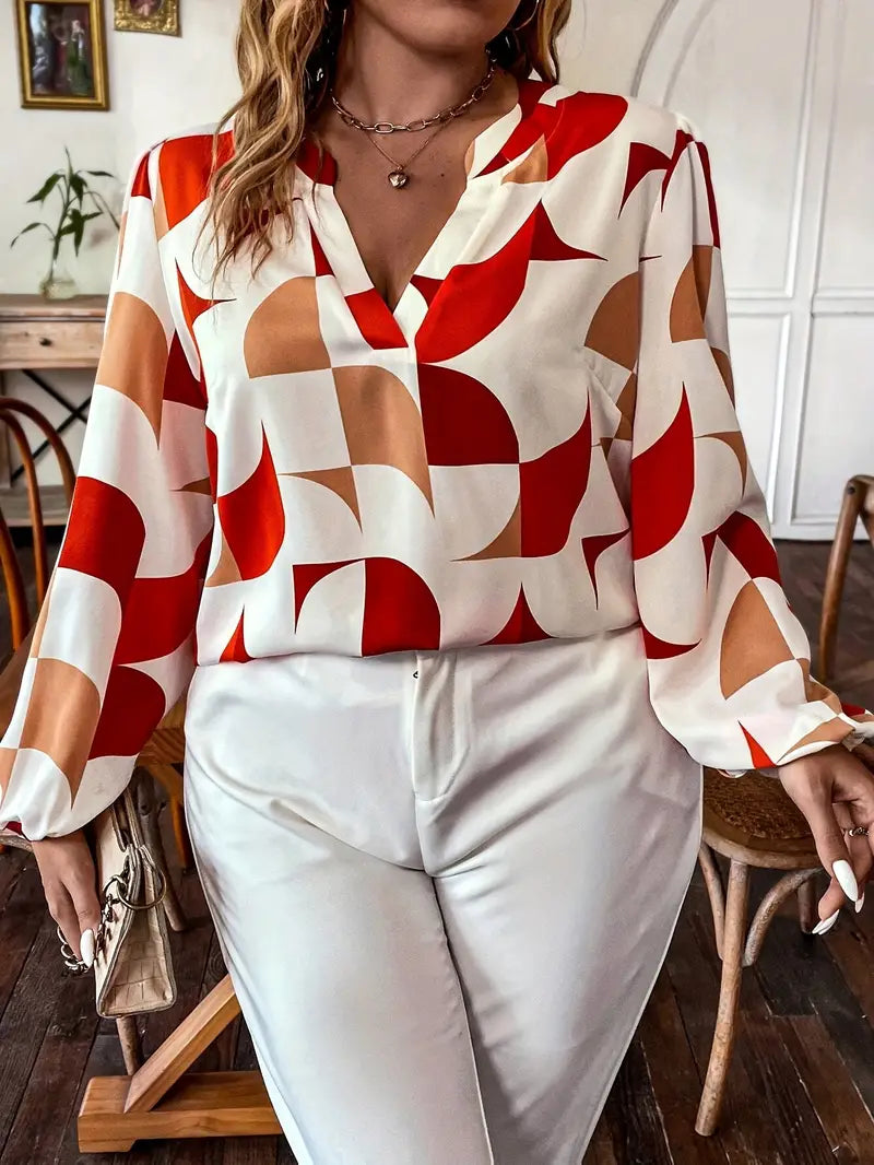 Lockere Germina Bluse mit geometrischem Muster, V-Ausschnitt und langen Ärmeln