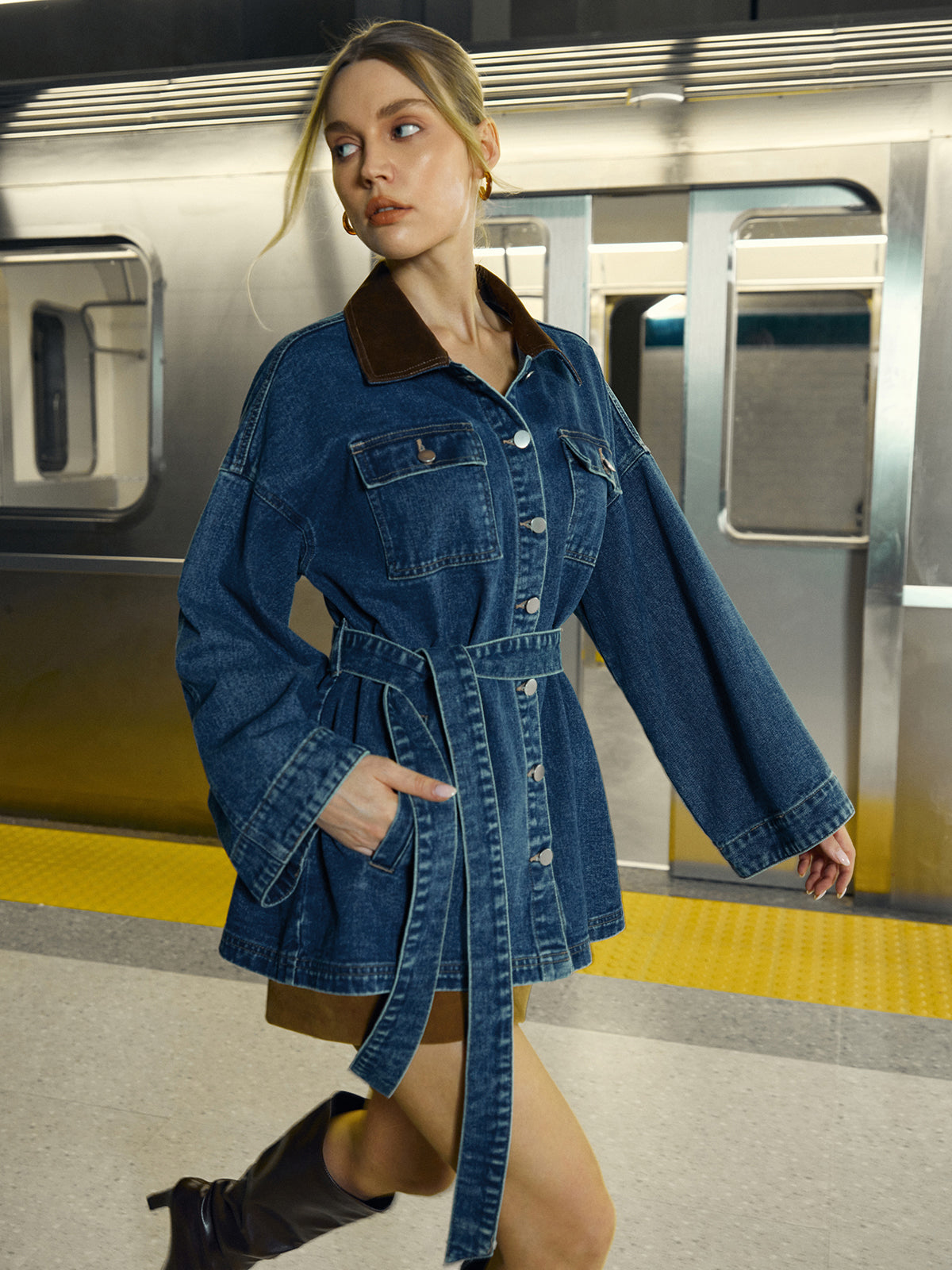 Krohn-e | Trendige Jeansjacke Damen mit Gürtel und Taschen