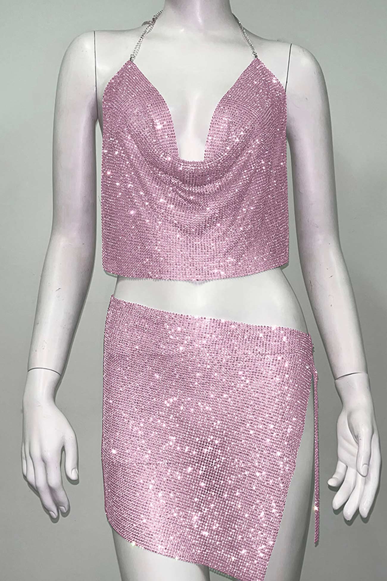 Fudus Camel-Hals Halter Crop Top und Schlitzrock Set