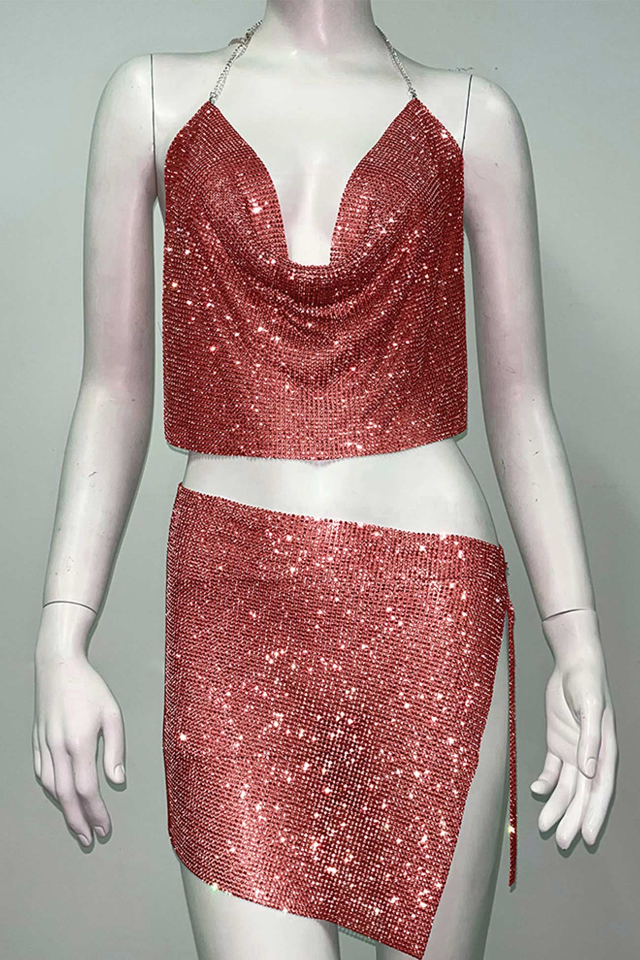 Fudus Camel-Hals Halter Crop Top und Schlitzrock Set