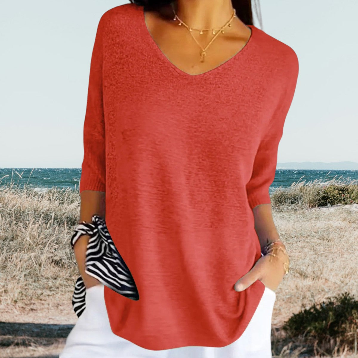 Greta | Damen pullover 3/4 Arm V-Ausschnitt Übergroß