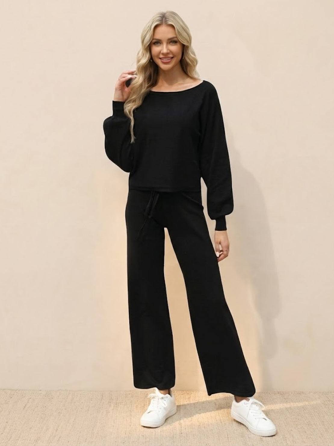 KROHN-E Damen Lounge Set kurzes Sweatshirt weite Hose Baumwolle entspannt