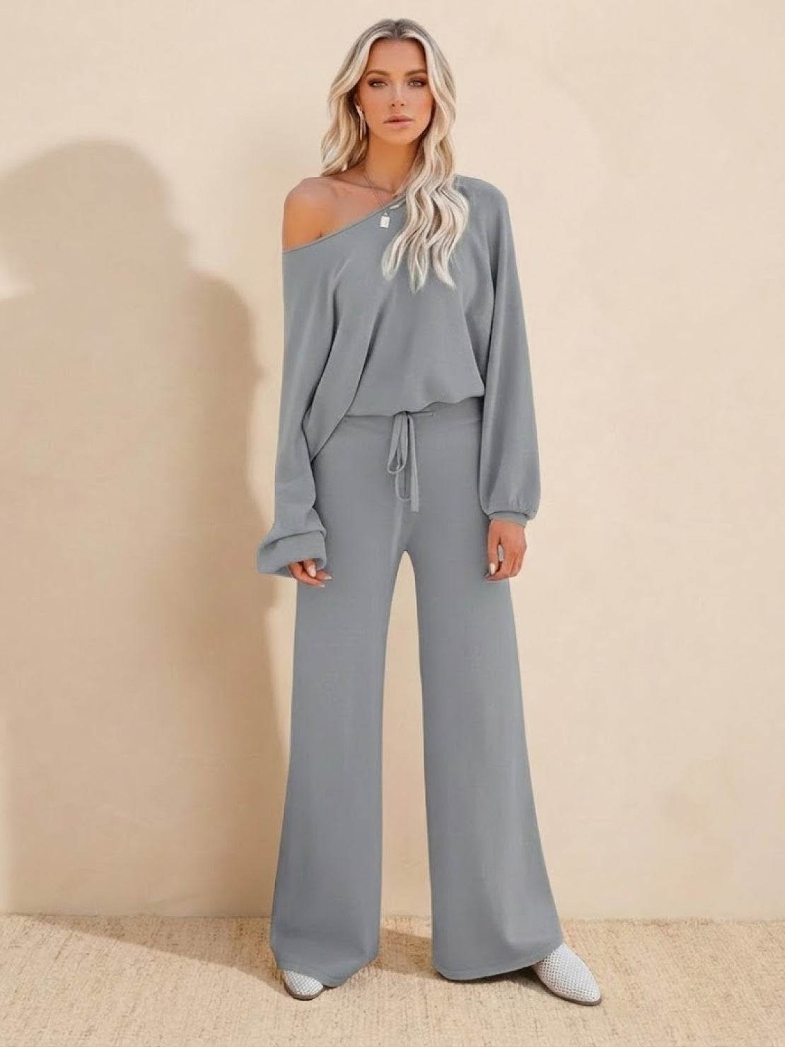 KROHN-E Damen Lounge Set kurzes Sweatshirt weite Hose Baumwolle entspannt