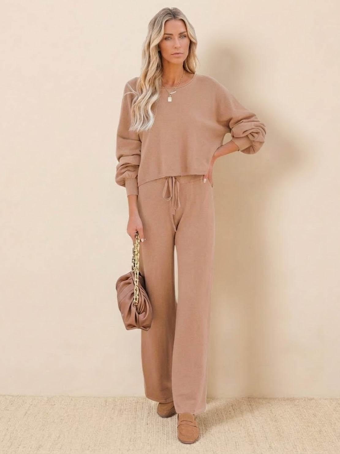 KROHN-E Damen Lounge Set kurzes Sweatshirt weite Hose Baumwolle entspannt