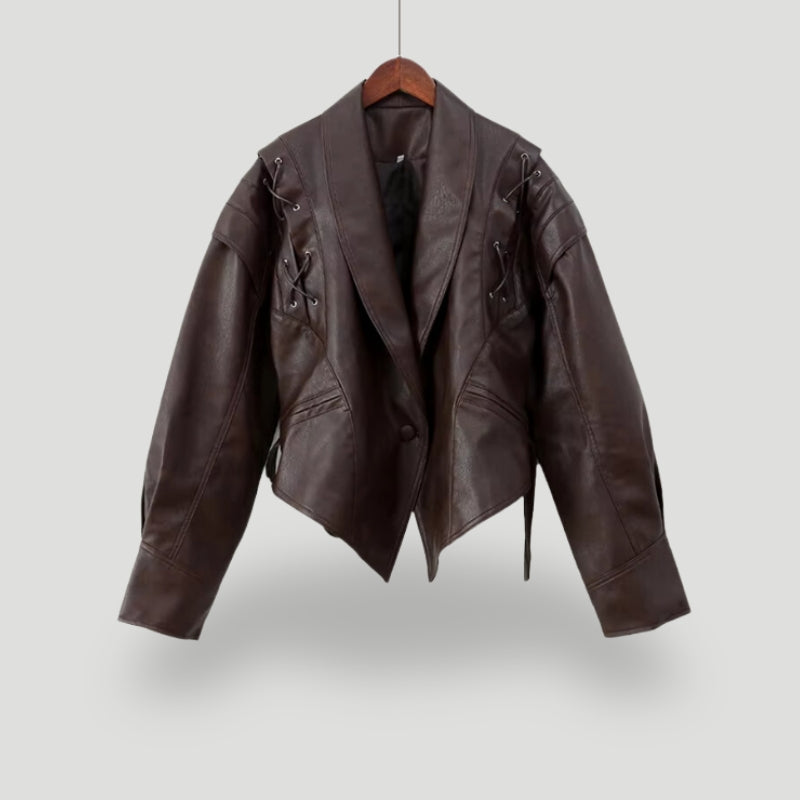 Krohn-e | Lederjacke - Wickeldesign - Gurtel Taille - Strukturierte Schultern - Schnürdetails