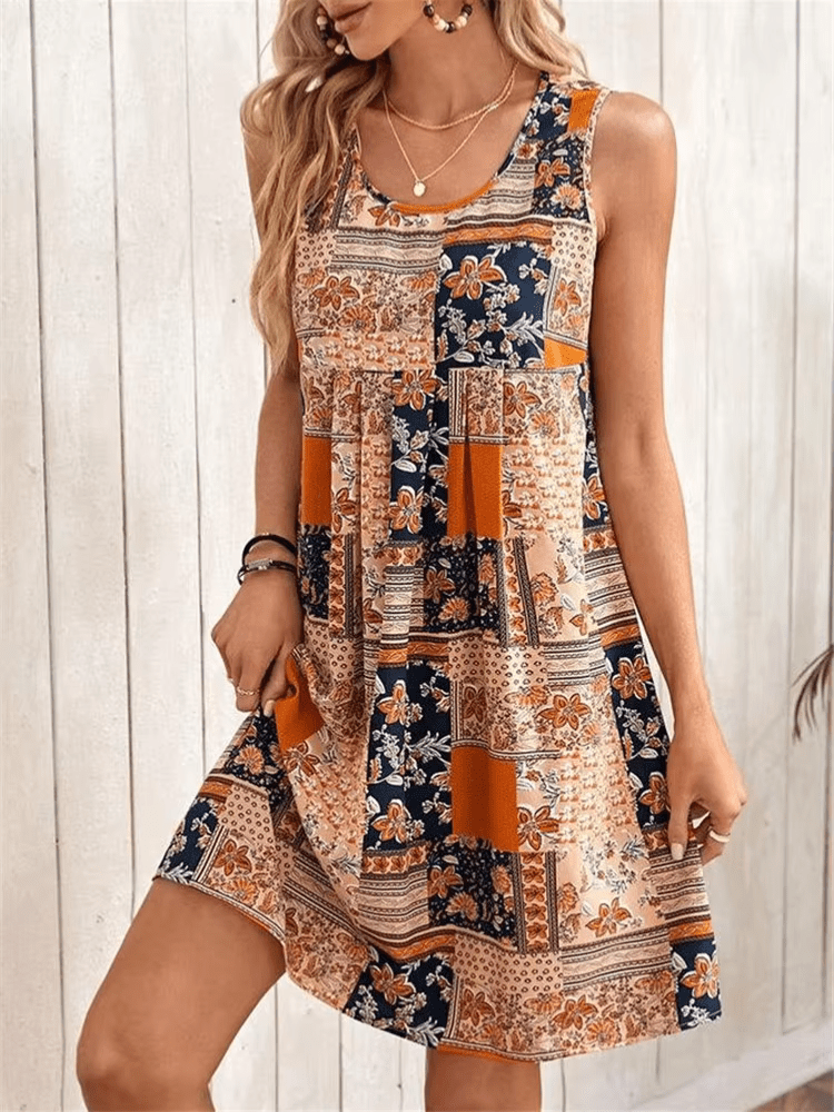 KROHN-E Damen Mini-Kleid Patchwork-Print ärmellos Boho