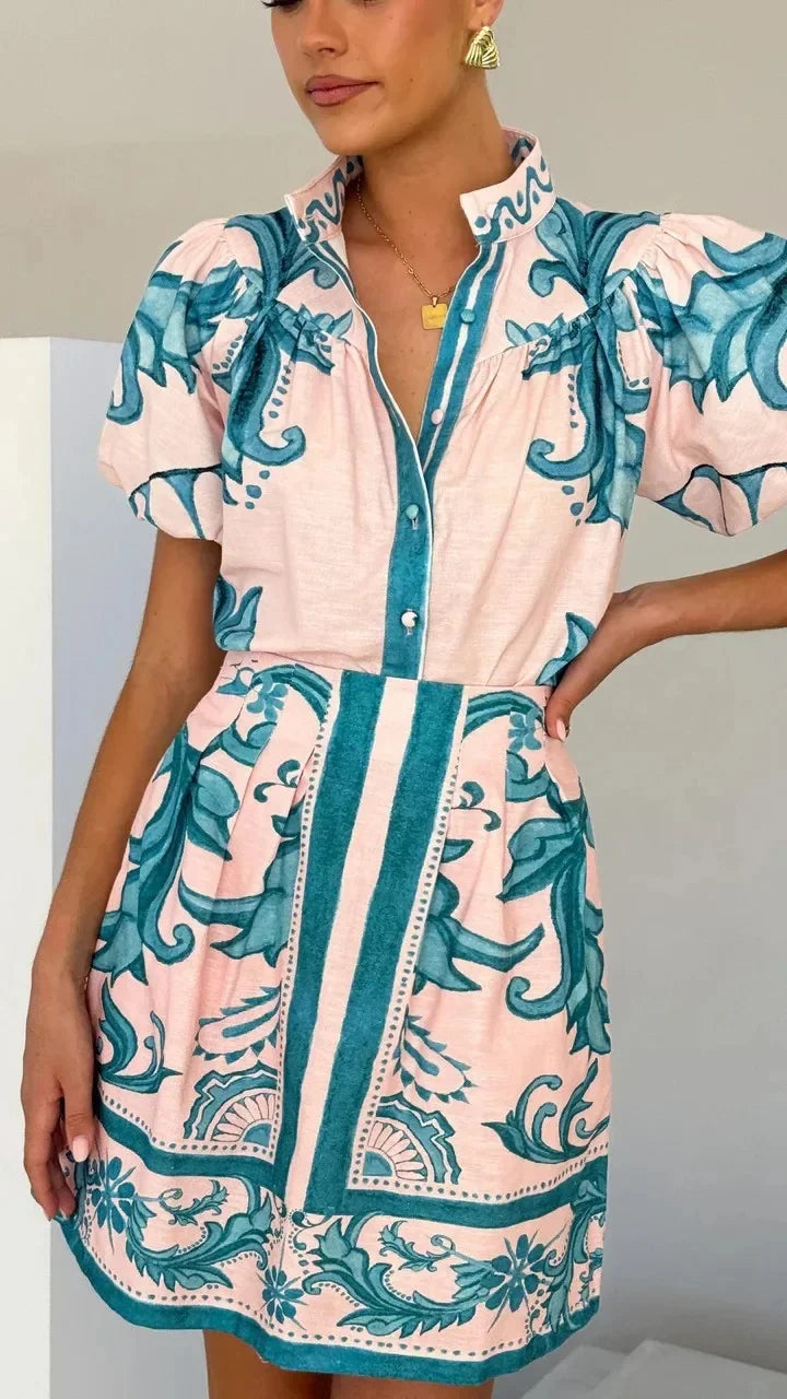 KROHN-E Damen Mini-Kleid Puffärmel Blumenmuster Rosa Rot Hemdkragen