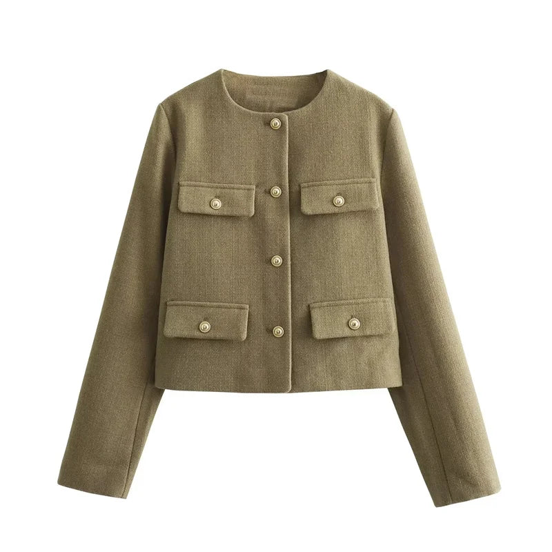 Krohn-e | Elegante Bouclé-jacke Goldknöpfe und Taschen Klassischer Stil
