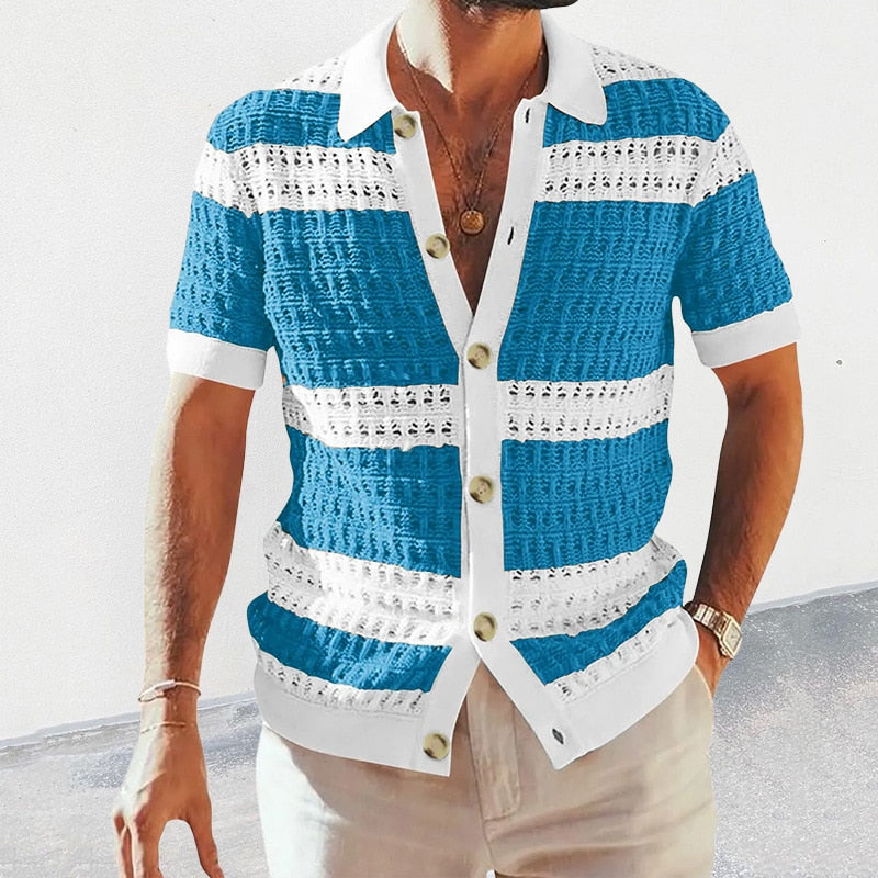 Kurzärmliges, gestricktes Fudus-Shirt mit Häkelmuster, Knopfverschluss und atmungsaktiver Freizeit-Qualität