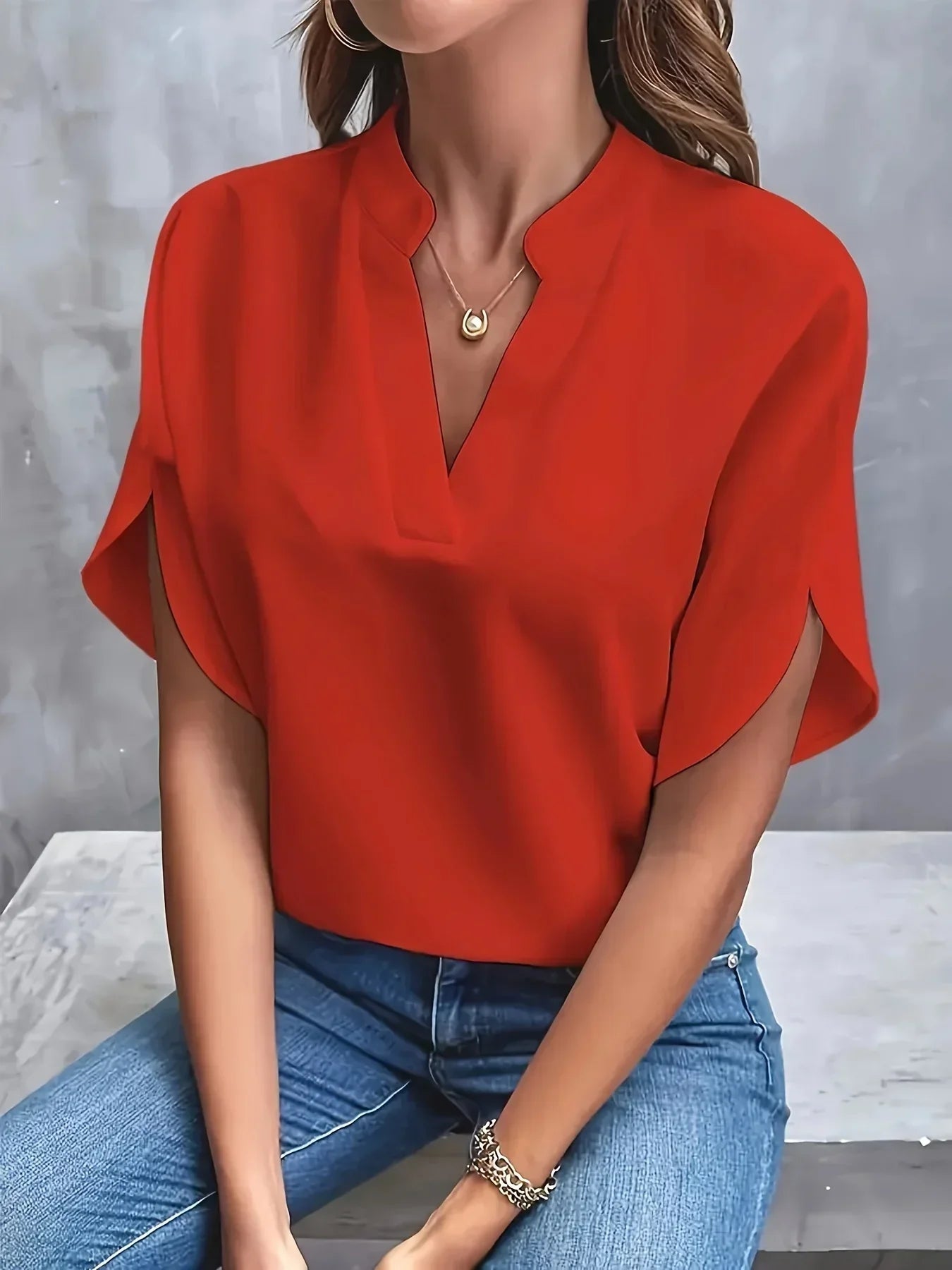 Lena | Damen Bluse V-Ausschnitt Kurzarm Elegant