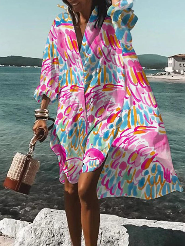 KROHN-E Damen Midi-Hemdblusenkleid Oversize Kurzarm Baumwolle