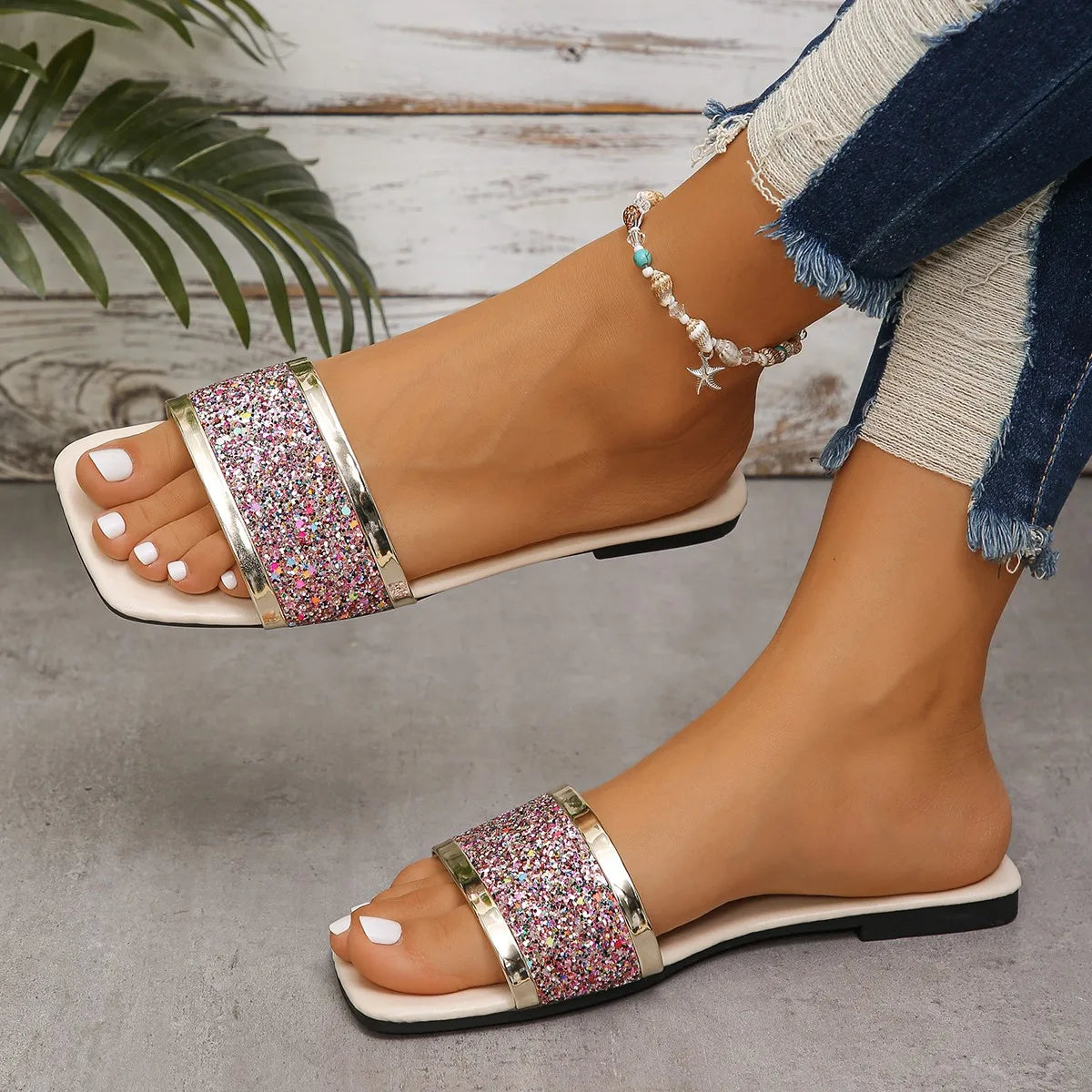 KROHN-E Damen Glitzer Sandalen Strass Gepolsterte Sohle