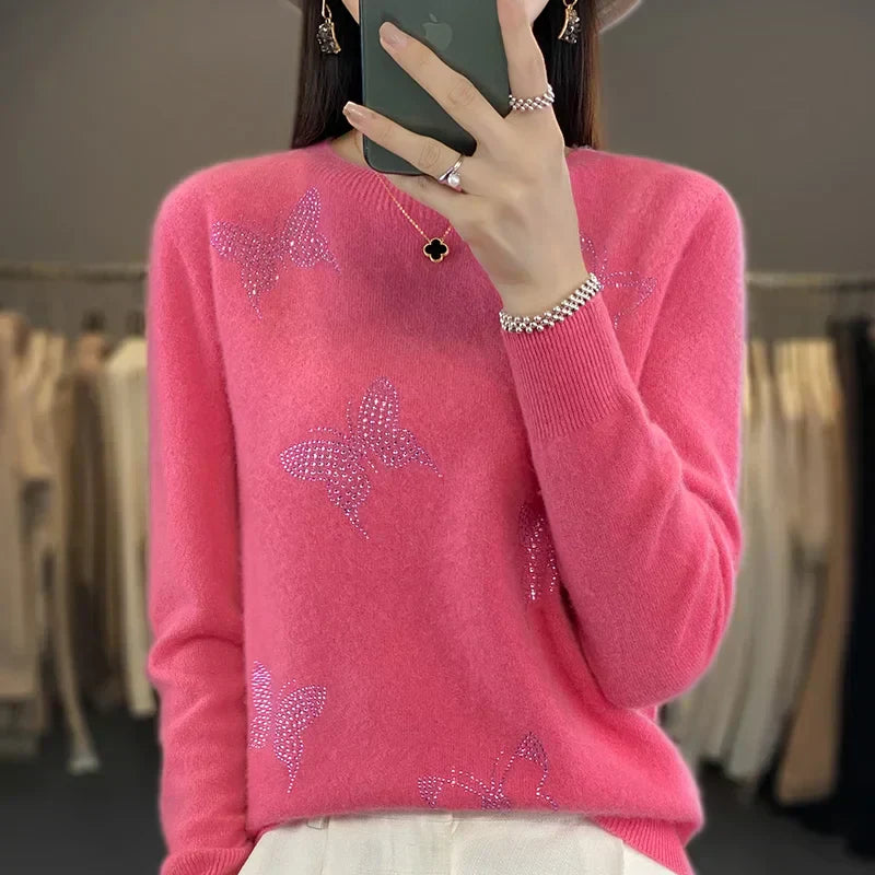 KROHN-E Damen Strickpullover Schmetterling-Design Weich