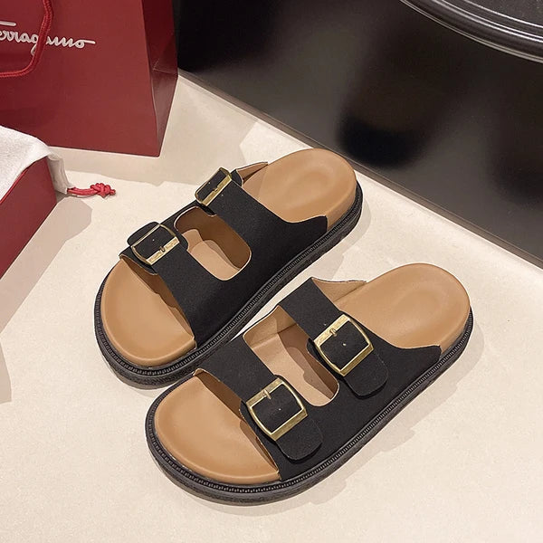 KROHN-E Damen Slip-On Pantoletten Gepolstert Schnallen-Detail